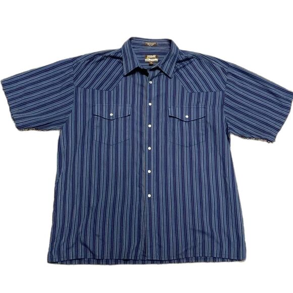 Outlaw Vintage 90s Blue Stripe Pearl Snap Short Sleeve Western Shirt Size 1X Big - Picture 1 of 10